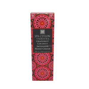 Spa Ceylon Grapefruit Coconut Intensive Hand Cream hydrates, nourishes, and softens dry hands with natural citrus oils, Virgin Coconut, Mango Butter, and Almond extracts for smooth, youthful skin. Refreshing Grapefruit, Lemon, Kaffir Lime, and Bergamot revitalize senses while repairing and protecting hands, leaving them soft, healthy, and rejuvenated with daily or overnight use.