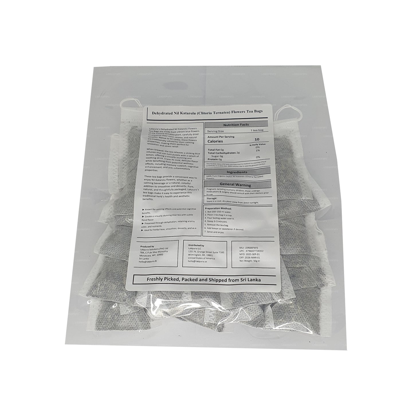 லக்புரா® உலர்த்தப்பட்ட பட்டாம்பூ (நீலக் கட்டரோலு; கிளிட்டோரியா டெர்னாடியா) மலர் தேநீர் பைகள் (25 தேநீர் பைகள்)