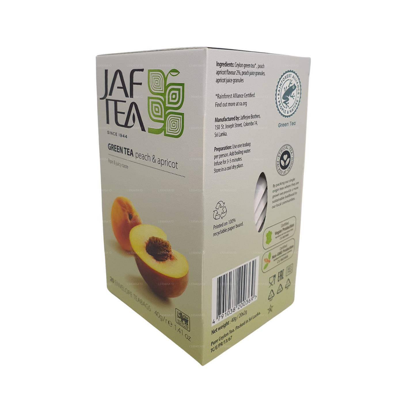 Jaf Tea Peach And Apricot Green Tea  (40g) 20 Foil Envelope Tea Bags