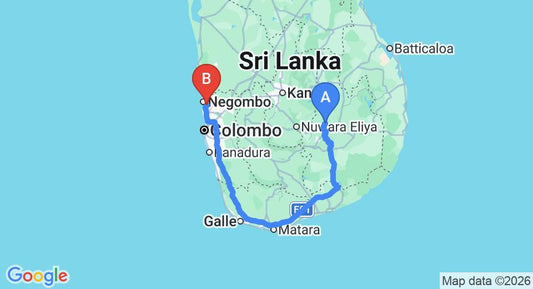 Driving route map: Badulla to Colombo Airport (CMB) (354 km, approx 5 h 30 min private transfer)