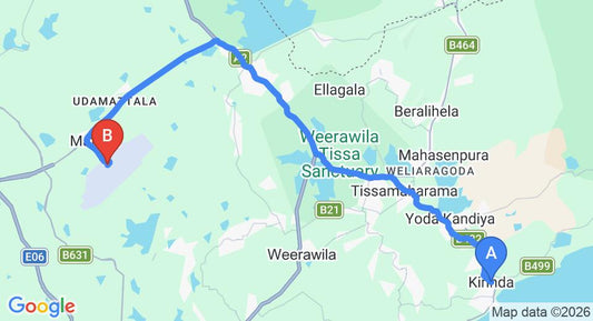 Driving route map: Kirinda to Mattala (HRI) Airport (38 km, approx 52 min private transfer)