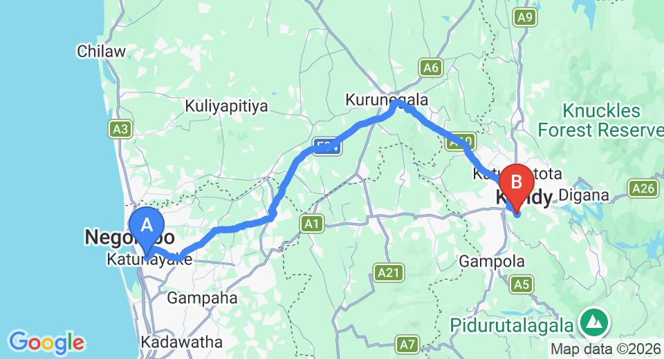 Driving route map: Colombo Airport (CMB) to Mountbatten Bungalow, Kandy (116 km, approx 2 h 59 min private transfer)