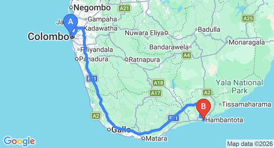 Driving route map: Colombo Seaport to Hambantota (263 km, approx 3 h 24 min private transfer)