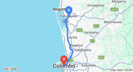 Driving route map: Colombo Airport (CMB) to Affiliate Test Hotel, Colombo (32 km, approx 39 min private transfer)