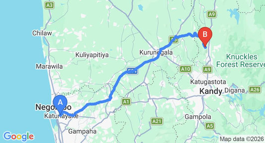 Driving route map: Colombo Airport (CMB) to Man Mountain Villa, Matale (115 km, approx 2 h 38 min private transfer)