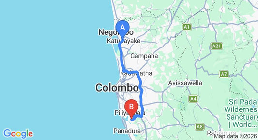 Driving route map: Colombo Airport (CMB) to Madapatha (64 km, approx 1 h 9 min private transfer)