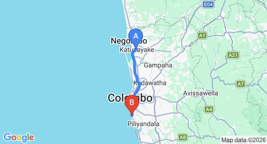 Driving route map: Colombo Airport (CMB) to Tori One, Mount Lavinia (42 km, approx 1 h 7 min private transfer)