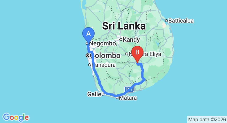 Driving route map: Colombo Airport (CMB) to Koslanda (326 km, approx 4 h 54 min private transfer)