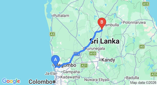 Driving route map: Colombo Airport (CMB) to Arika Villa, Dambulla (127 km, approx 2 h 54 min private transfer)