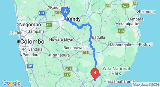 Driving route map: Kandy to Mattala (HRI) Airport (220 km, approx 5 h 32 min private transfer)