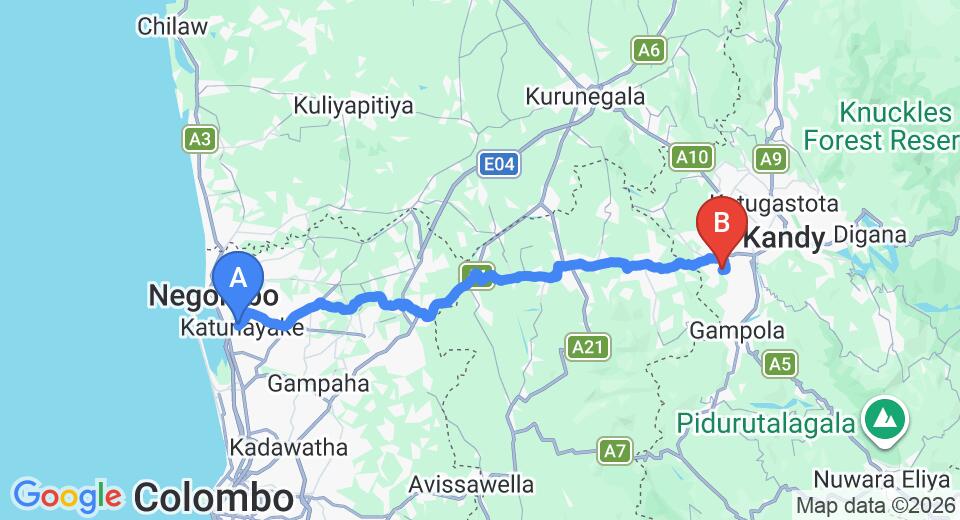 Driving route map: Colombo Airport (CMB) to Toropi Homestay, Kandy (95 km, approx 2 h 46 min private transfer)
