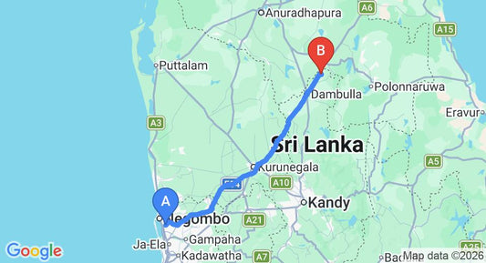 Driving route map: Colombo Airport (CMB) to Kassapa Lion's Rock, Sigiriya (145 km, approx 3 h 7 min private transfer)