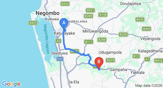 Driving route map: Colombo Airport (CMB) to Wet Water Resort, Gampaha (16 km, approx 35 min private transfer)