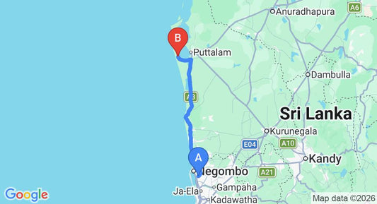 Driving route map: Colombo Airport (CMB) to Aarya Lagoon, Kalpitiya (111 km, approx 2 h 41 min private transfer)