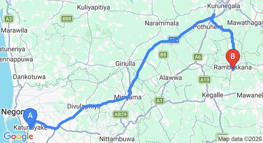 Driving route map: Colombo Airport (CMB) to Himawwa Holiday Resort, Pinnawala (90 km, approx 2 h 3 min private transfer)