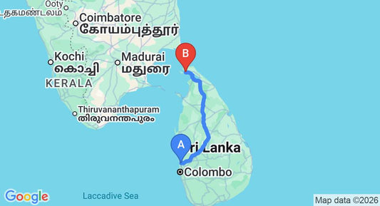 Driving route map: Colombo Airport (CMB) to TiLK15o Jaffna City Hotel, Jaffna (374 km, approx 7 h 18 min private transfer)