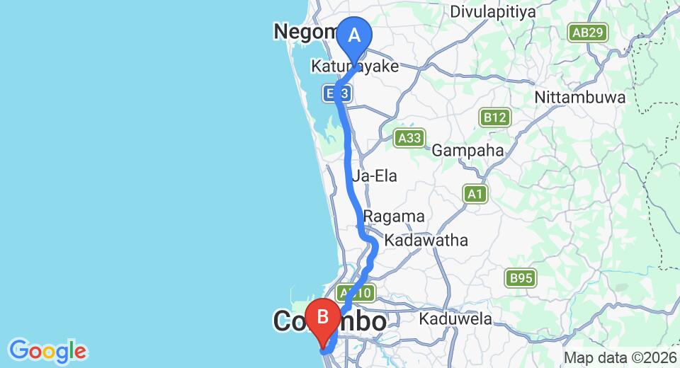 Driving route map: Colombo Airport (CMB) to Drift BnB Colombo, Colombo (36 km, approx 50 min private transfer)