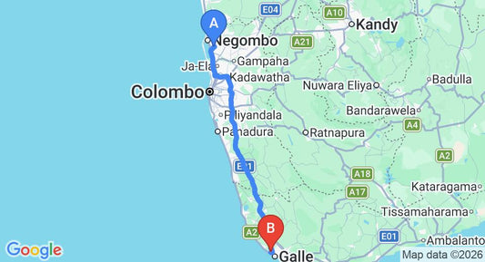 Driving route map: Colombo Airport (CMB) to Ginganga Lodge, Galle (147 km, approx 2 h 18 min private transfer)