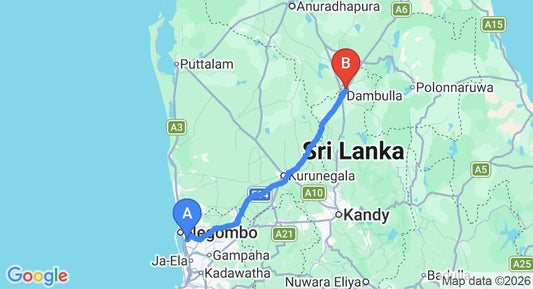 Driving route map: Colombo Airport (CMB) to Pelwehera Village Resort, Dambulla (134 km, approx 2 h 53 min private transfer)