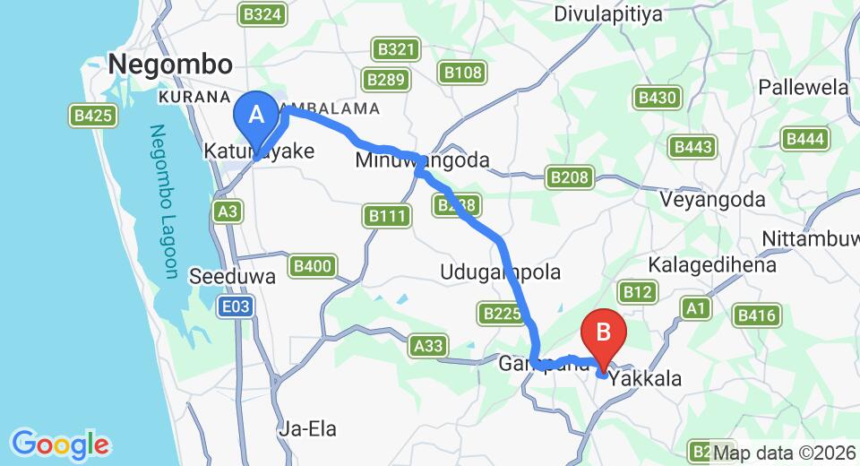 Driving route map: Colombo Airport (CMB) to Imbulgoda (23 km, approx 49 min private transfer)