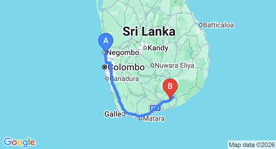 Driving route map: Colombo Airport (CMB) to Mattala (270 km, approx 3 h 29 min private transfer)