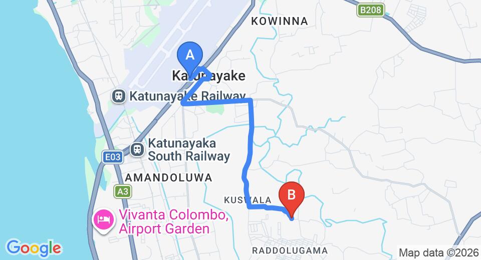 Driving route map: Colombo Airport (CMB) to Green Olive Villa, Negombo (6 km, approx 14 min private transfer)