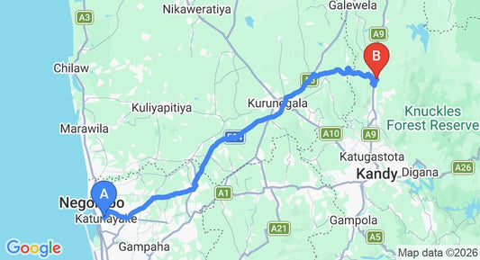 Driving route map: Colombo Airport (CMB) to Paradise Forest Garden, Matale (118 km, approx 2 h 43 min private transfer)