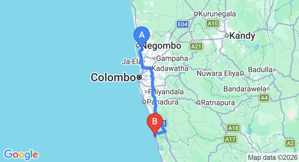 Driving route map: Colombo Airport (CMB) to Mihin Villa, Bentota (109 km, approx 1 h 42 min private transfer)