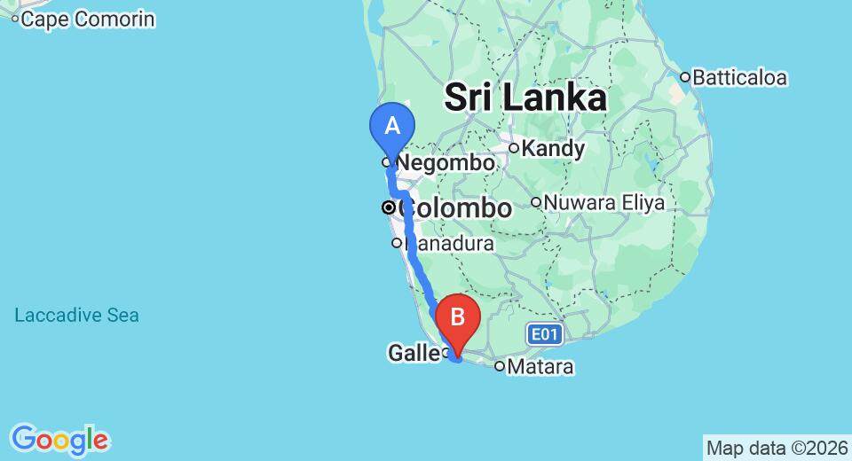Driving route map: Colombo Airport (CMB) to Olanda Beach House, Habaraduwa (157 km, approx 2 h 15 min private transfer)