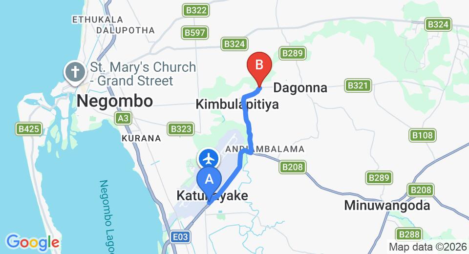 Driving route map: Colombo Airport (CMB) to Bridge Hotel Negombo, Negombo (6 km, approx 13 min private transfer)
