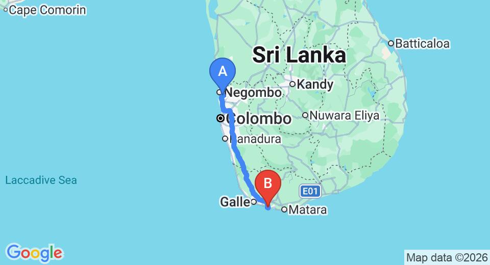 Driving route map: Colombo Airport (CMB) to W15 Escape, Ahangama (166 km, approx 2 h 25 min private transfer)