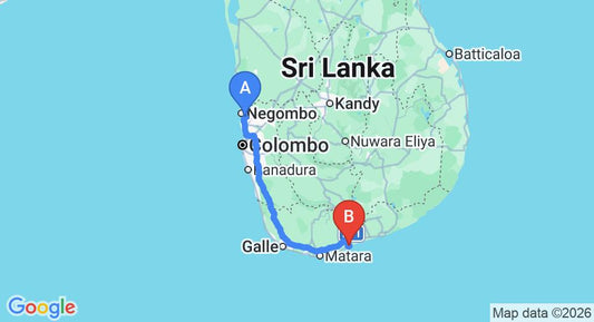 Driving route map: Colombo Airport (CMB) to Muhudu Niwasa, Tangalle (217 km, approx 2 h 55 min private transfer)