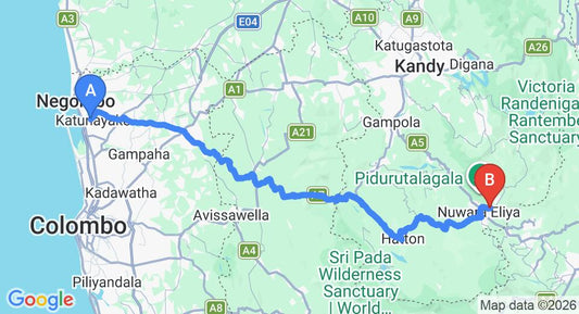 Driving route map: Colombo Airport (CMB) to Cottage No 19, Nuwara Eliya (157 km, approx 4 h 51 min private transfer)