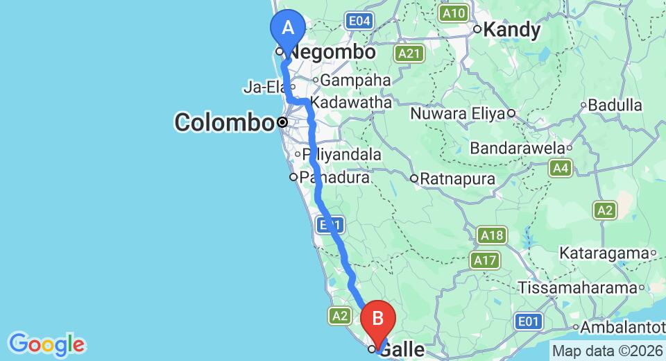 Driving route map: Colombo Airport (CMB) to Coco Bay, Unawatuna (151 km, approx 2 h 4 min private transfer)