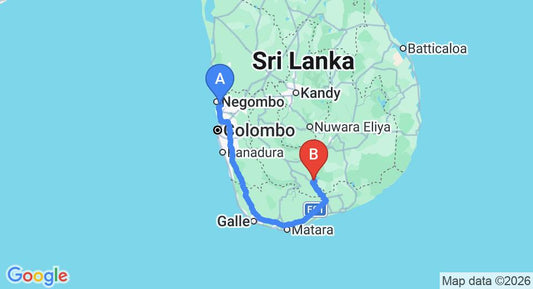 Driving route map: Colombo Airport (CMB) to Sri Lanka Tented Safari Camping Udawalawe, Udawalawe (260 km, approx 3 h 41 min private transfer)