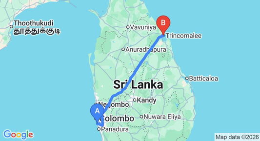 Driving route map: Ratmalana (RML) Airport to Trincomalee (281 km, approx 5 h 41 min private transfer)