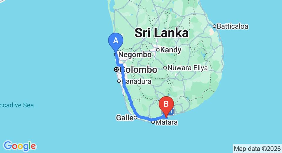 Driving route map: Negombo to Tangalle (214 km, approx 2 h 54 min private transfer)