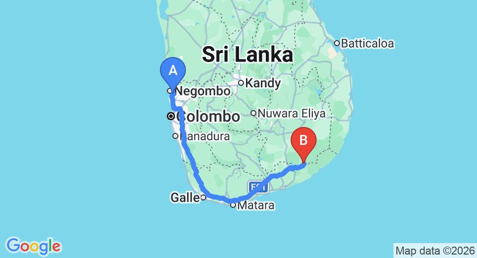 Driving route map: Colombo Airport (CMB) to Hotel Chamila, Kataragama (284 km, approx 3 h 45 min private transfer)
