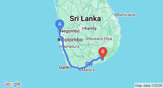 Driving route map: Colombo Airport (CMB) to La Safari Inn Tissamaharama, Tissamaharama (279 km, approx 3 h 43 min private transfer)