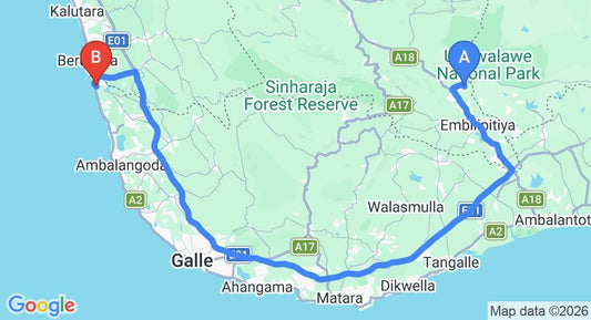 Driving route map: Udawalawe to Bentota (177 km, approx 2 h 42 min private transfer)