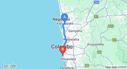 Driving route map: Colombo Airport (CMB) to Tropic Inn, Mount Lavinia (42 km, approx 1 h 8 min private transfer)