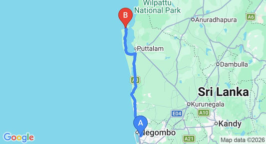 Driving route map: Colombo Airport (CMB) to Aarya Lagoon Kalpitiya, Kalpitiya (139 km, approx 3 h 14 min private transfer)