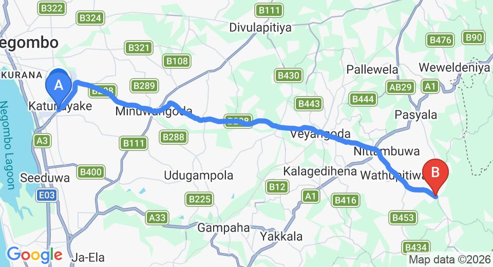 Driving route map: Colombo Airport (CMB) to Attanagalla (32 km, approx 1 h 4 min private transfer)