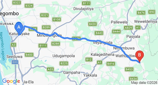 Driving route map: Colombo Airport (CMB) to Attanagalla (32 km, approx 1 h 4 min private transfer)