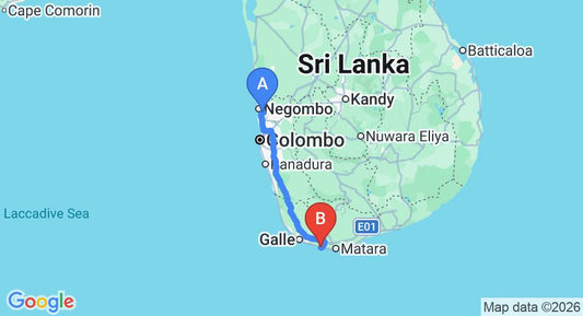 Driving route map: Colombo Airport (CMB) to Highland Villa, Weligama (175 km, approx 2 h 31 min private transfer)