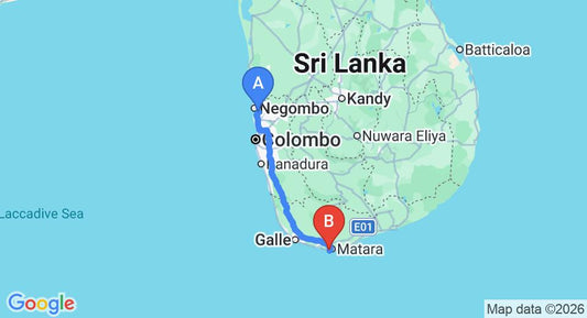 Driving route map: Colombo Airport (CMB) to Villa Ferola, Matara (185 km, approx 2 h 34 min private transfer)