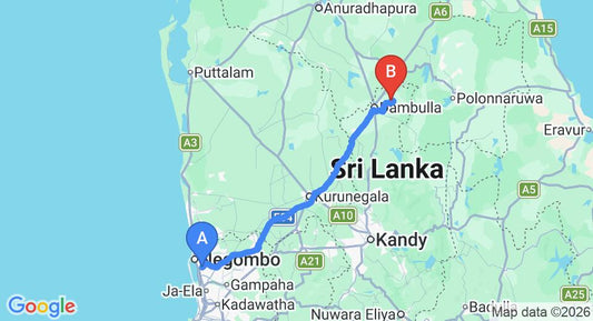 Driving route map: Colombo Airport (CMB) to Wild Grass Nature Resort, Sigiriya (144 km, approx 3 h 13 min private transfer)