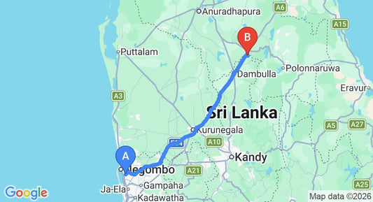 Driving route map: Colombo Airport (CMB) to Amaara Forest Hotel Sigiriya, Sigiriya (150 km, approx 3 h 16 min private transfer)