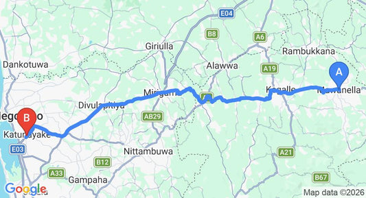 Driving route map: Mawanella to Colombo Airport (CMB) (77 km, approx 2 h 10 min private transfer)