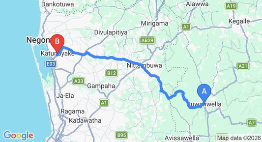 Driving route map: Ruwanwella to Colombo Airport (CMB) (57 km, approx 1 h 42 min private transfer)